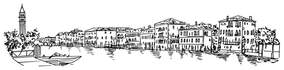 Fototapeta premium Venice Canal Waterfront Panorama Vintage Engraving Vector