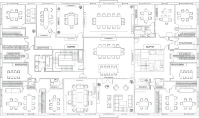 Vector art of detailed floor plan of an office building with meeting rooms and workstations