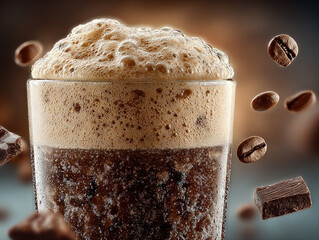 Close-up of iced coffee with frothy foam, chocolate pieces, and coffee beans, symbolizing refreshment, energy, and delicious beverage indulgence.
