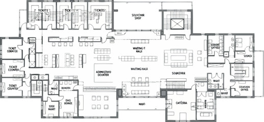 Vector art of detailed architectural floor plan showing room labels and furniture arrangement