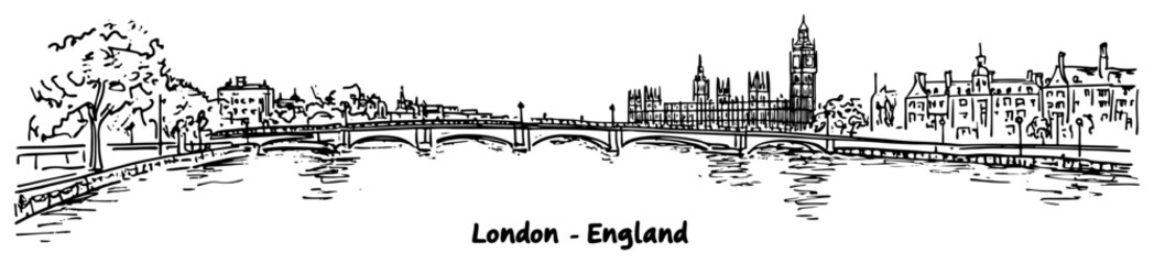 Fototapeta premium London Westminster Bridge and Big Ben Panorama Line Art Vector