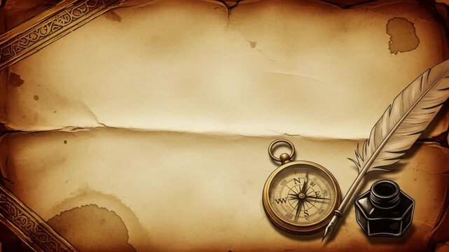 An old parchment paper with a compass quill and inkwell on a vintage textured background design space