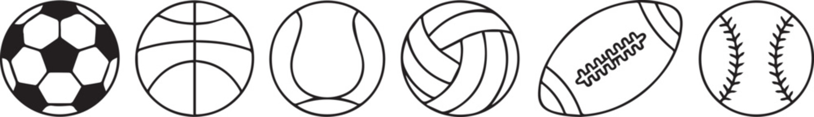 sports equipment line drawings vector pack soccer ball basketball tennis ball volleyball football baseball editable icons