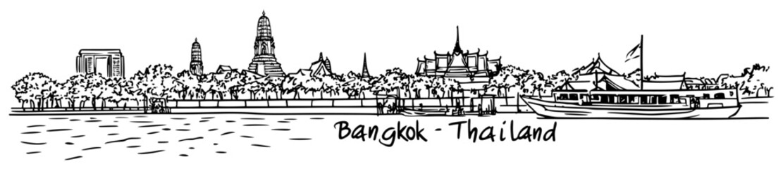 Fototapeta premium Bangkok Thailand Riverside Skyline Vintage Engraving Vector