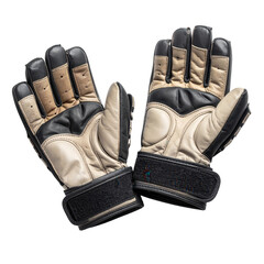A   shot presents a pair of worn, leather gloves, showcasing a design combining beige and black panels against a stark black background.
