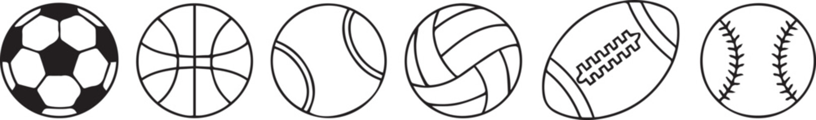 Obraz premium minimal line art sports balls set soccer basketball tennis volleyball football baseball clipart vector png jpeg eps