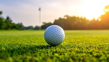 Obraz premium Golf ball on a green fairway at sunset