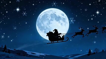 Santa Claus riding sleigh with reindeers across snowy night sky - Powered by Adobe