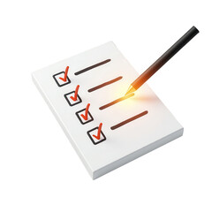 Checklist on a white paper with tick marks marked in red alongside a pen on a black background, depicting completion, and a conceptual illustration representing concepts of planning and achieving...