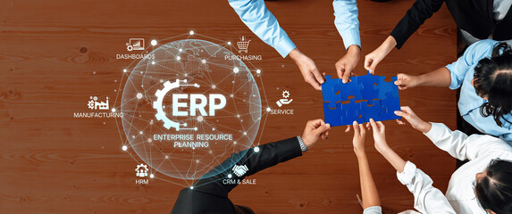 A business team engages in collaborative planning with ERP concepts illustrated, highlighting teamwork and the integration of various departments for improved efficiency. Trope
