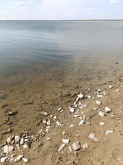 Sandy riverbank with rocks. River beach.