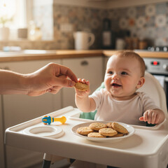 Baby eating oat biscuits in high chair