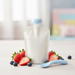 Baby yogurt pouch with strawberries and blueberries