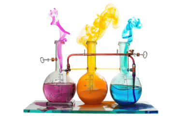 Colorful chemical reactions in laboratory flasks creating vibrant smoke and bubbles during a science experiment at the lab isolated on transparent background
