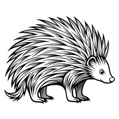 Stylized monochrome illustration of a spiky porcupine walking