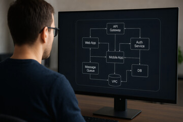 IT Solutions Architect creating a solutions clear diagram. View from the back with focus on the monitor screen