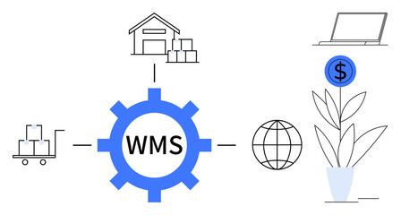 Gear labeled WMS connected to warehouse, pallet cart, laptop, globe, plant with dollar coin. Ideal for logistics, supply chain, warehouse automation, e-commerce globalization growth strategy