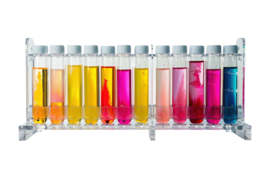 Colorful test tubes display a vibrant array of liquids in a laboratory setting, showcasing a range of chemical reactions isolated on transparent background