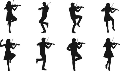 Male and female violin player silhouettes in various dynamic poses for music, performance, and orchestra concepts vector illustration
