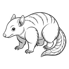 Cartoon opossum character in black and white line drawing