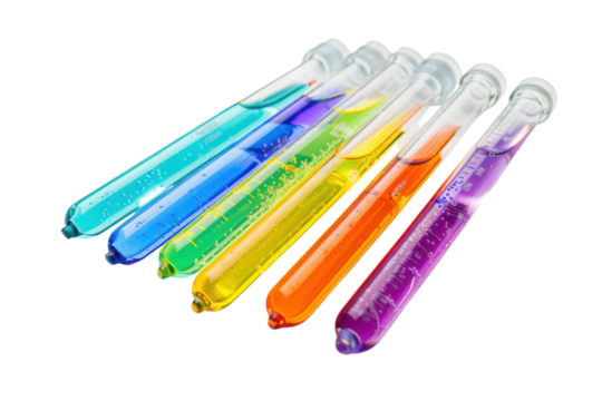 Colorful test tubes filled with vibrant liquids showcasing a scientific experiment in a laboratory setting isolated on transparent background
