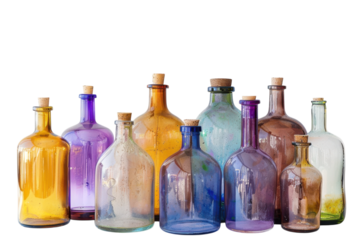 A vibrant collection of colorful glass bottles arranged artistically against a bright background, capturing a sense of whimsy and nostalgia isolated on transparent background