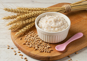 Baby wheat porridge mix with grains on wooden board