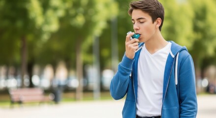 Teenager with Asthma Using an Inhaler in an Outdoor Park Setting