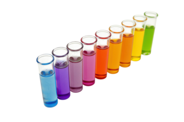 Vibrant test tubes arranged in a colorful spectrum showcase various liquid solutions for a science experiment in a lab isolated on transparent background