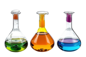 Colorful glass flasks filled with vibrant liquids create a captivating display of chemistry in a well-lit laboratory setting isolated on transparent background