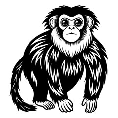Stylized black and white drawing of a curious gibbon