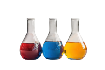 Brightly colored liquids in laboratory flasks create a vibrant display showcasing the art of chemistry during a scientific experiment isolated on transparent background