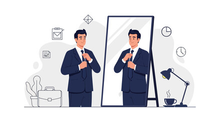 Man Fastening Tie to Refect in Mirror Prepares for Elegant Corporate Career Activity