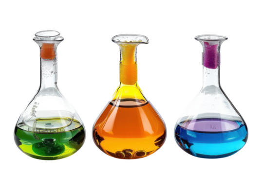 Colorful glass flasks filled with vibrant liquids create a captivating display of chemistry in a well-lit laboratory setting isolated on transparent background