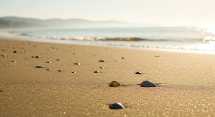 Golden Hour Light Illuminates A Wet Sandy Beach With Scattered Shells And Gentle Waves