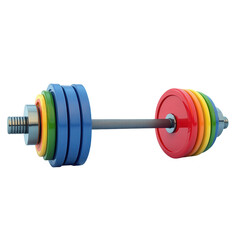 A brightly colored barbell showcases a vibrant assortment of weight plates, demonstrating a full spectrum of the rainbow, while being isolated against a stark black background, implying fitness and...