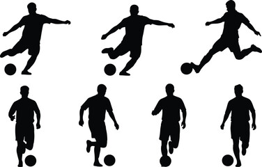 Professional male soccer player silhouette in various action poses with ball for sports and football concepts vector illustration