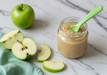 Baby porridge with apple puree in glass jar for infant feeding