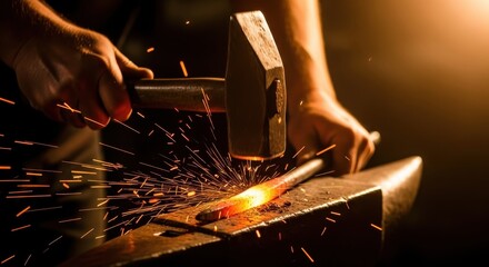 Skilled Blacksmith Shapes Hot Metal With Hammer And Anvil