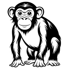 Monochrome cartoon illustration of a baby chimpanzee sitting upright