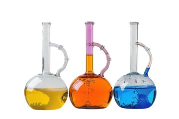 Colorful glass laboratory flasks filled with vibrant liquids experiment in a bright scientific workspace isolated on transparent background