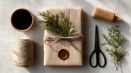 gift wrapping scene from above, kraft paper, twine, pine sprigs, wax seal, scissors, tape dispenser