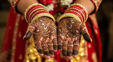 Two female hands adorned with intricate traditional Indian henna (mehndi) designs 