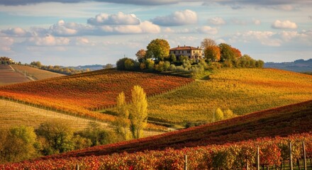 Fototapeta premium Autumnal Landscape Overlooking Rolling Hills And Vineyard Estate