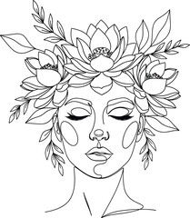 Floral goddess face line art with lotus headdress, peaceful expression, nature beauty, abstract decorative portrait for spiritual design themes