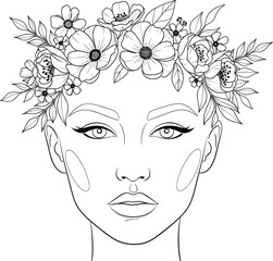 Black and white line art of stylized face with poppy floral crown, symmetrical botanical portrait for fashion, beauty, and nature themes