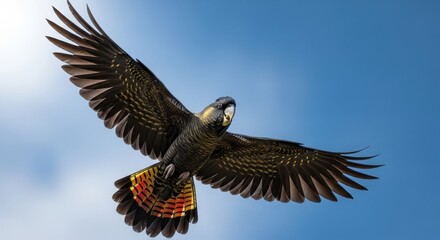 Spectacular Yellow Tailed Black Cockatoo Soaring Through a Bright Blue Sky