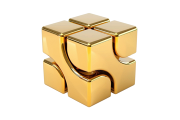 Intricate golden puzzle piece sculpture reflecting creativity and complexity in modern design isolated on transparent background