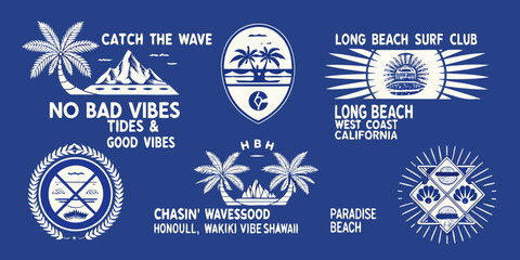 Collection of retro surf inspired emblems and logos with palm trees mountains and ocean waves on blue background