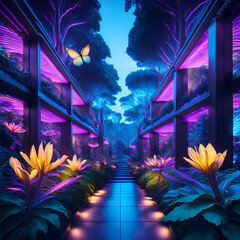 Futuristic Neon Botanical Garden with Holographic Butterflies